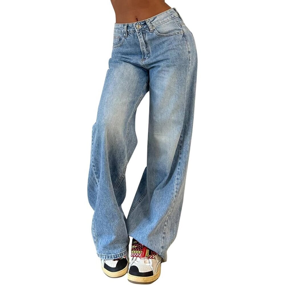 Womens Denim Baggy Jeans Wide Leg High Waist Vintage Casual Pants